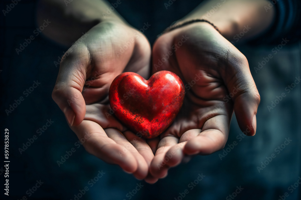 Hands holding a red heart. Generative AI.. Hands holding a red heart. Generative AI..