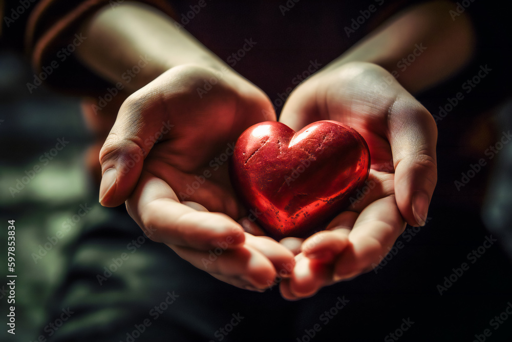 Hands holding a red heart. Generative AI.. Hands holding a red heart. Generative AI..