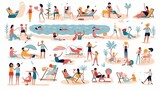 People at beach or seashore relaxing and performing leisure outdoor activities illustration Generative AI