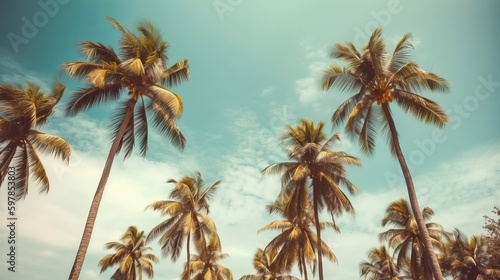 Palm trees against blue sky, Palm trees at tropical coast, vintage toned and stylized, coconut tree,summer tree ,retro Generative AI © Suleyman