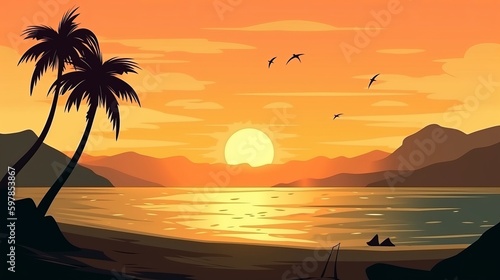 Summer beach landscape sunset illustration Generative AI © Suleyman