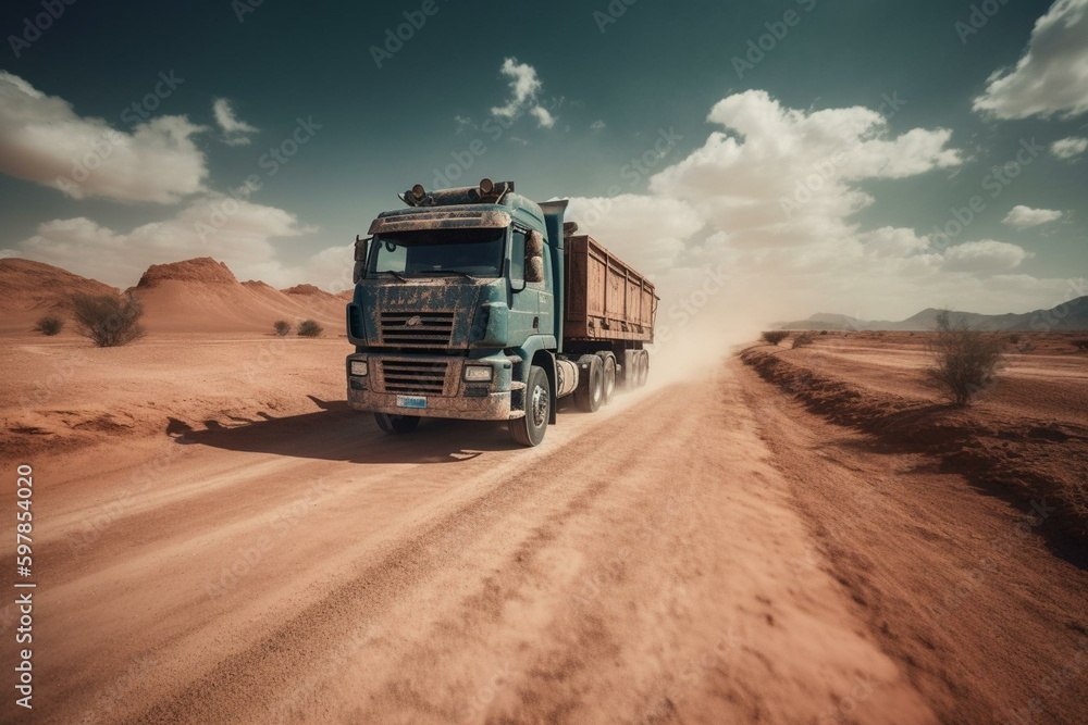 A watercolor image of a driverless truck on a desert highway. Generative AI