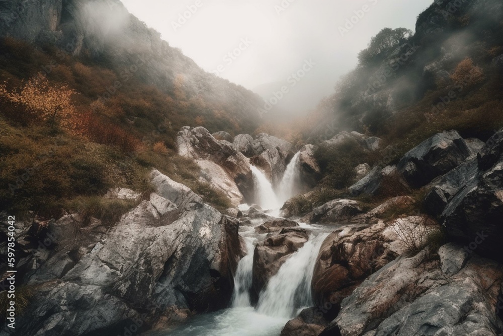 Mountain waterfall with misty sky and stream. Generative AI