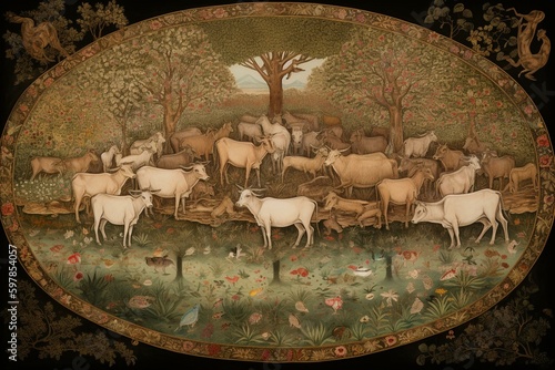 Sacred bovines in the lotus pool Pichwai painting. Generative AI