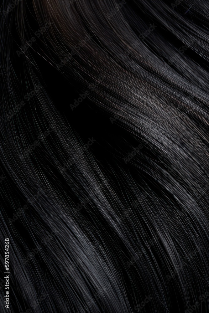 Naklejka premium A closeup view of a bunch of shiny straight black hair in a wavy curved style. Generative AI