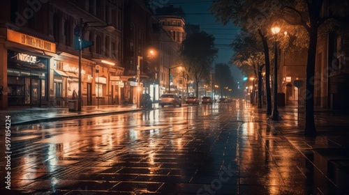 empty city street in neon illuminated signboards and lanterns on a rainy night. Generative AI