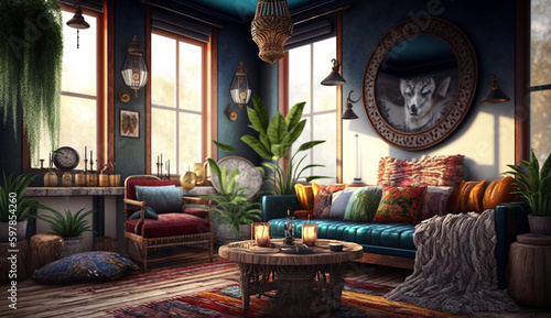 Modern bohemian style interior living room design AI Generated image © DolonChapa