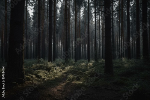 Forest with a dense line of tall trees. Generative AI © Sable