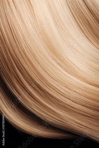 A closeup view of a bunch of shiny straight blond hair in a wavy curved style. Generative AI