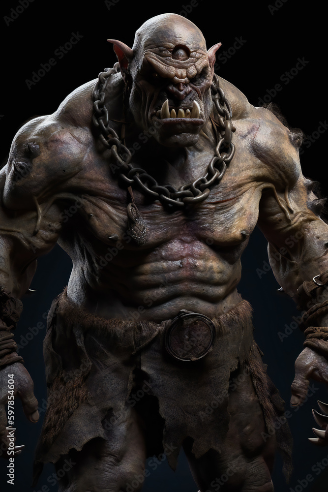Fototapeta premium Menacing Giant Stands Guard with Deadly Intent. Monstrous Ogre Exudes an Aura of Fear. Generative AI