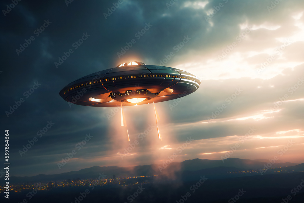 Mysterious UFO sighting over the distant horizon during a cloudy dusk. Generative AI Mysterious UFO sighting over the distant horizon during a cloudy dusk. Generative AI