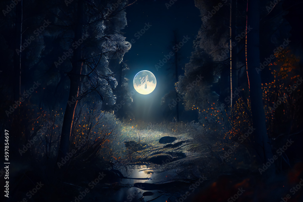 Mystical Moonlight Forest.  Generative AI.