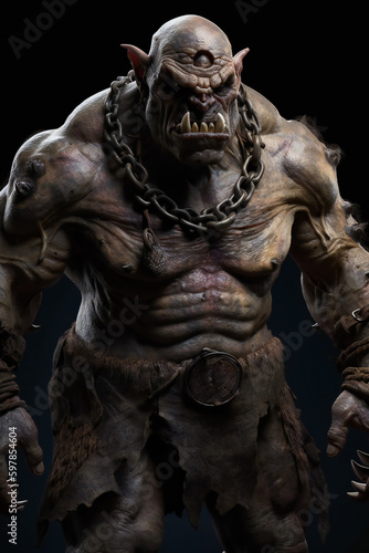 Menacing Giant Stands Guard with Deadly Intent.  Monstrous Ogre Exudes an Aura of Fear. Generative AI © EwaStudio