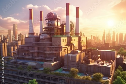 Cartoon energy plant powered by sun and wind with city skyline backdrop. Generative AI