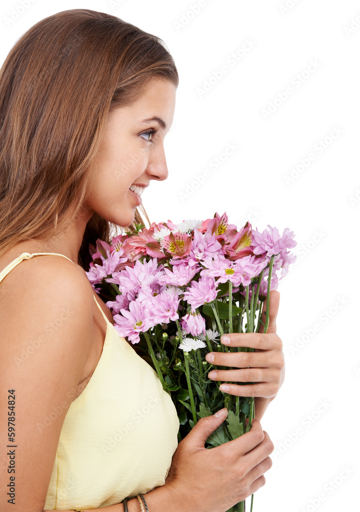 Isolated woman, flowers and gift in profile with smile for present, dress or spring by transparent png background. Girl, model or floral bouquet with excited face on valentines day, birthday or event