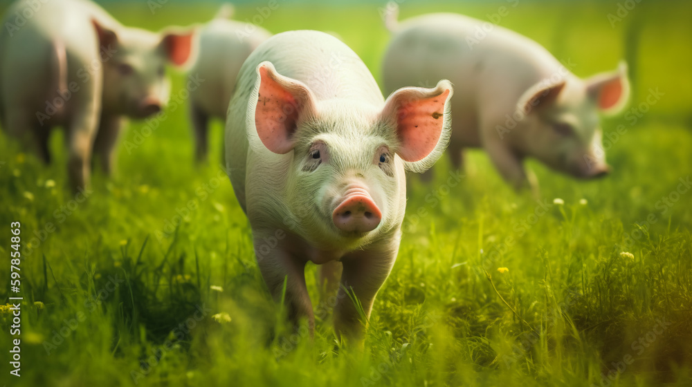 Pigs graze on farm in countryside. Pig is feeding on the green meadow. AI Generated Pigs graze on farm in countryside. Pig is feeding on the green meadow. AI Generated
