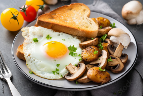 Breakfast plate with fried eggs vegetables mushrooms, generative ai