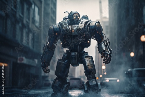 A robot with steam technology strolls in a modern metropolis depicted by an illustration in digital art style. Generative AI