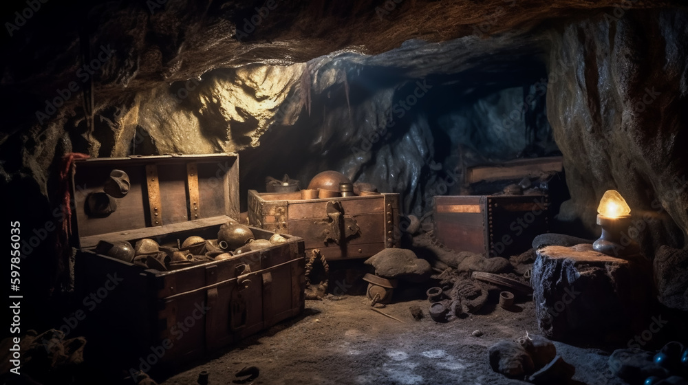 Treausre chest in underground cave. AI Geneated Treausre chest in underground cave. AI Geneated