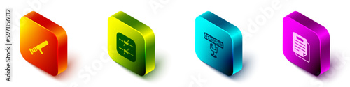 Set Isometric Police rubber baton, Barbed wire, Censored stamp and Document icon. Vector