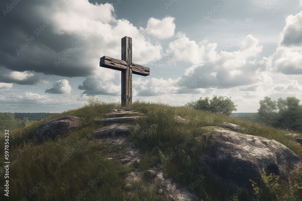 A large massive cross on a rocky mountain against a cloudy sky. Generation of AI