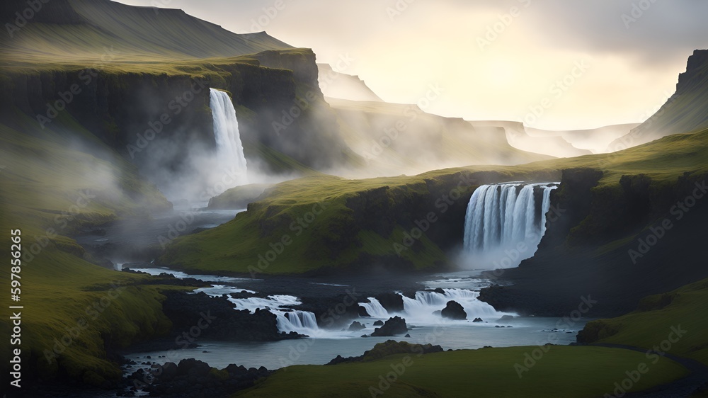 Picturesque Irish landscape with mountains and waterfalls, harsh northern nature. AI generation