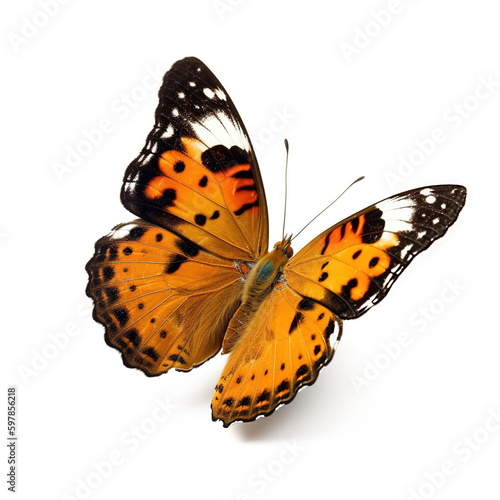 Butterfly aglais urticae in flight on a white isolated background. AI generation
