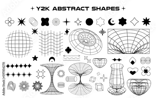 Set of abstract aesthetic y2k geometric isolated elements and wireframe isolated shapes. Black and white retro line design elements. Vector illustration on transparent background.
