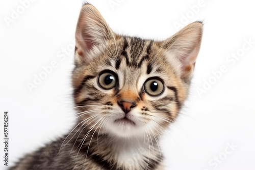 Small cute funny kitten with big eyes and attentive gaze on white isolated background. AI generation
