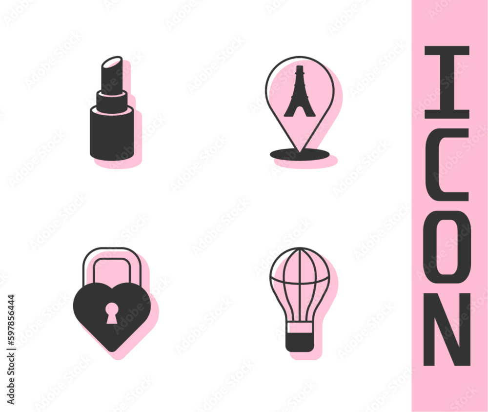 Set Hot air balloon, Lipstick, Castle in the shape of heart and Eiffel tower icon. Vector Set Hot air balloon, Lipstick, Castle in the shape of heart and Eiffel tower icon. Vector