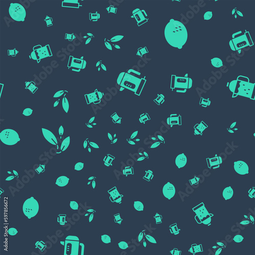 Set Electric kettle, Lemon, Tea leaf and French press on seamless pattern. Vector