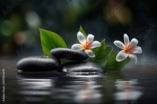 Pyramids of balanced zen pebble meditation stones with green leaves and flowers in water on tropical forest background. Concept of harmony, balance and meditation, spa, massage, relax and yoga.
