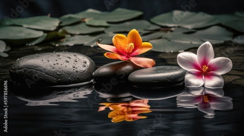 Pyramids of balanced zen pebble meditation stones with green leaves and flowers in water on tropical forest background. Concept of harmony  balance and meditation  spa  massage  relax and yoga.