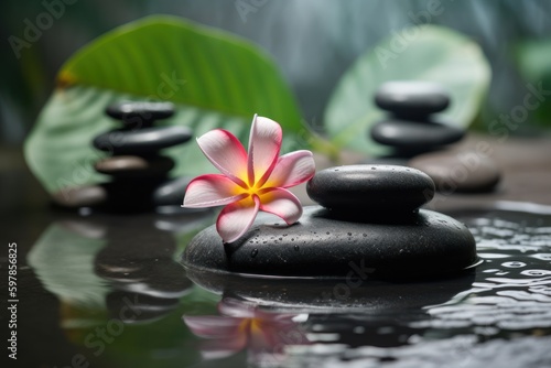 Pyramids of balanced zen pebble meditation stones with green leaves and flowers in water on tropical forest background. Concept of harmony, balance and meditation, spa, massage, relax and yoga.