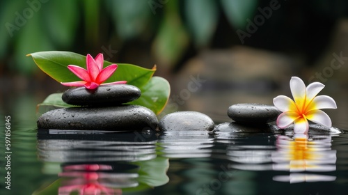 Pyramids of balanced zen pebble meditation stones with green leaves and flowers in water on tropical forest background. Concept of harmony, balance and meditation, spa, massage, relax and yoga.