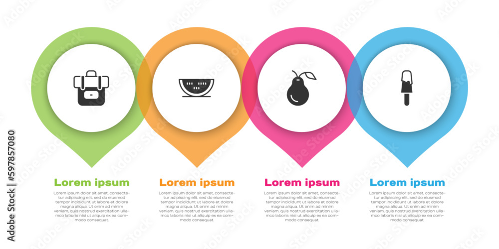 Set Hiking backpack, Watermelon, Pear and Ice cream. Business infographic template. Vector