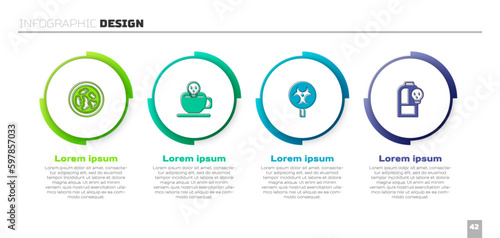 Set Petri dish with bacteria, Coffee cup skull, Biohazard symbol and Beaker toxic liquid. Business infographic template. Vector