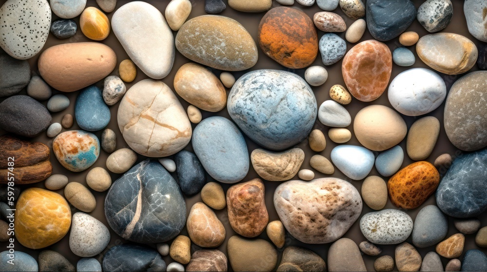 Sea pebble sea stones background beach rocks, from above, full frame, Generative AI Sea pebble sea stones background beach rocks, from above, full frame, Generative AI