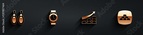 Set Earrings, Wrist watch, Growth arrow with gold bars and Gold icon with long shadow. Vector