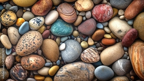 Sea pebble sea stones background beach rocks, from above, full frame, Generative AI