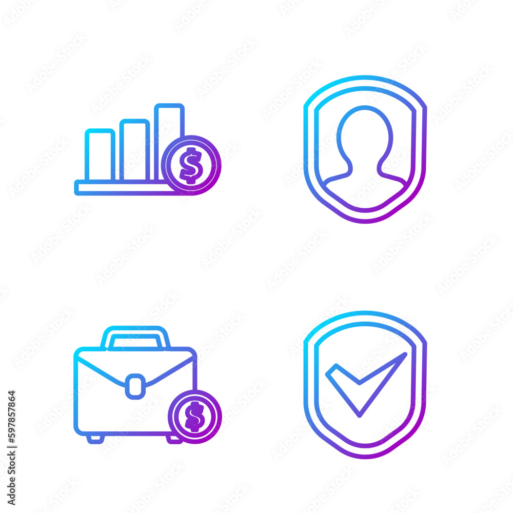 Set line Shield with check mark, Briefcase and money, Pie chart infographic and dollar and User protection. Gradient color icons. Vector Set line Shield with check mark, Briefcase and money, Pie chart infographic and dollar and User protection. Gradient color icons. Vector