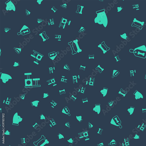 Set Dog bone, Cat, scratching post with toy and collar on seamless pattern. Vector