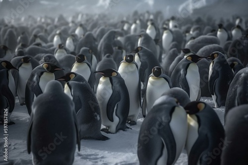 A digital painting of a colony of emperor penguins. Generative AI