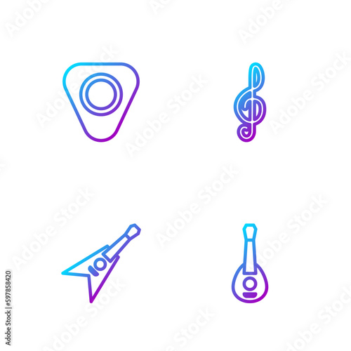 Set line Guitar, Electric bass guitar, pick and Treble clef. Gradient color icons. Vector