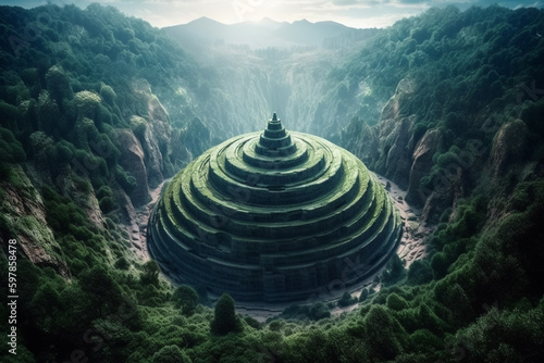 A digital painting of a green mountain with a large pyramid in the middle. Generative Ai photo