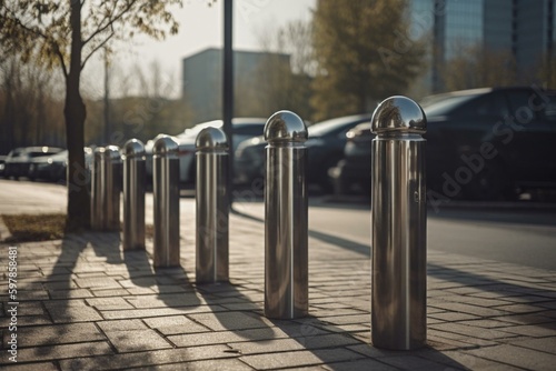 Metal bollards are placed along the pedestrian walkway next to the parking lot. These are barrier poles made of stainless steel. Generative AI photo