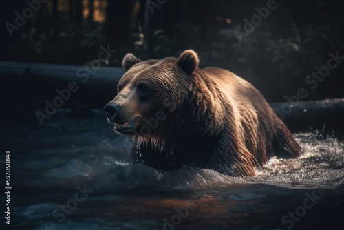 A bear is moving across a flowing water body. Generative AI © Xander