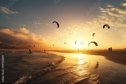 Athletic Acrobatics in Action: Backlit Silhouettes of Kitesurfers on an Ocean Beach at Sunrise: Generative AI