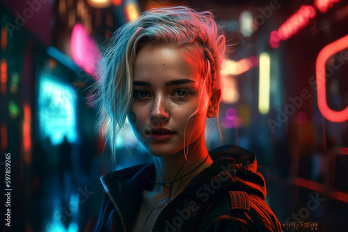 A girl with a neon sign in the background. Generative Ai