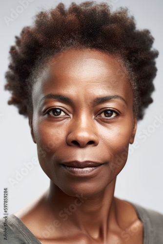 Mature African American woman head shot portrait over white background. Generative AI vertical shot